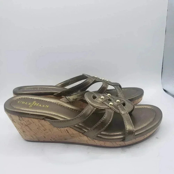 Cole Haan Women's Bronze & Jewel Studded Cork Wedge Sandal, Size 5.5 B D41646 - Picture 1 of 7